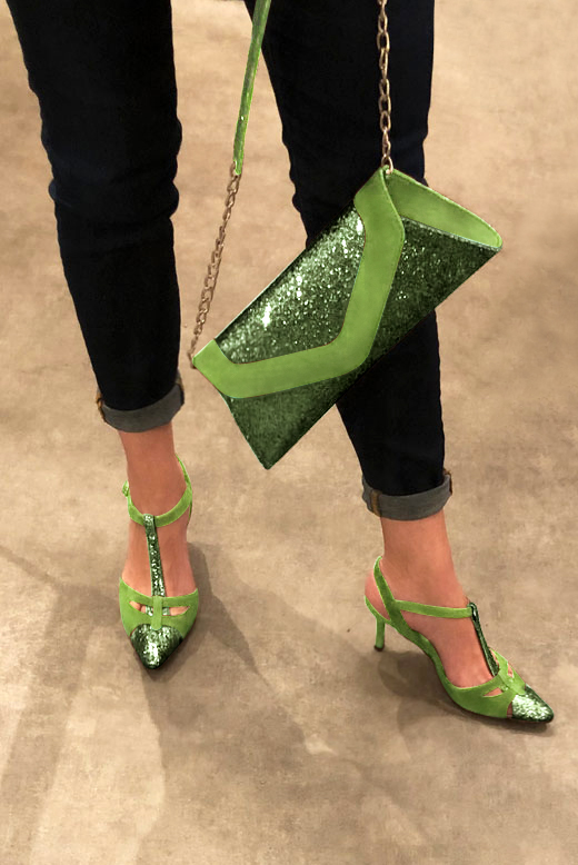 Chaussures et sac assortis vert pastel et vert anis. Bout effil